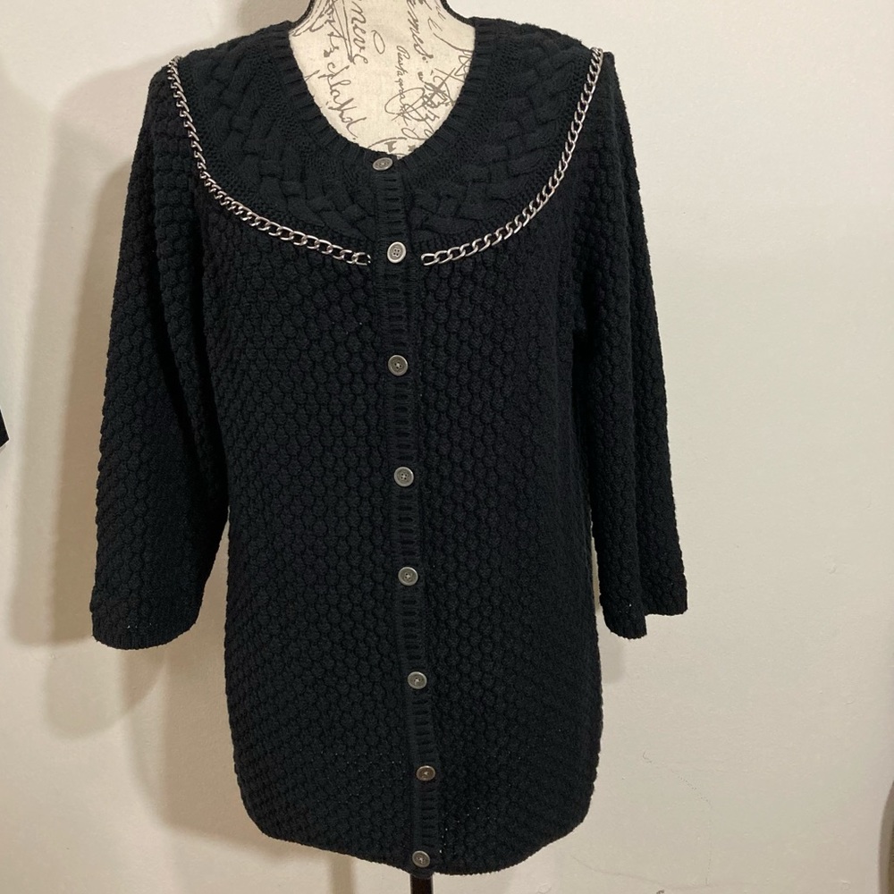 Liz Claiborne Chunky Textured Knit Black Cardigan Silver Hardware Chain Detail